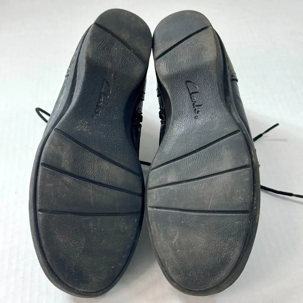 Clarks Leather Ankle Boots Lace Up Side Zip Wedge W6 Black